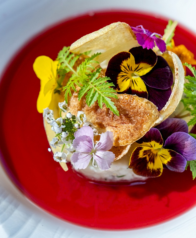 Halibut brandade with ginger &hibiscus-infused broth by Caitlin Gray-Ronda