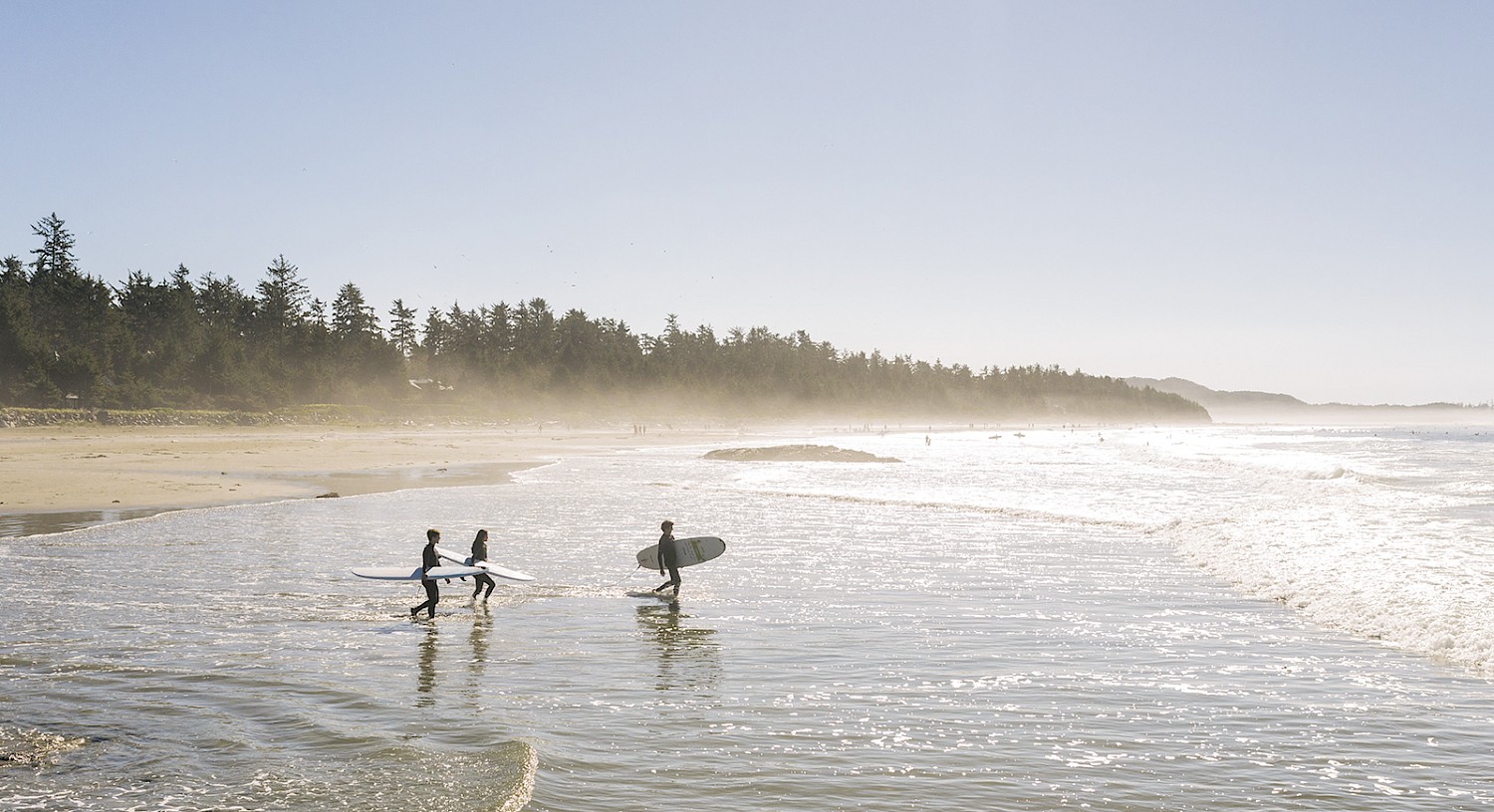 Three surfers carrying their surfboards walk towards the ocean on a sunny beach, with other beachgoers and a forested coastline in the background