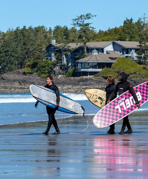 3 surfers carry surfboards down the beach toward the water on a clear day. In the background, the Wickaninnish Inn is perched on a rocky outcropping overlooking the ocean.