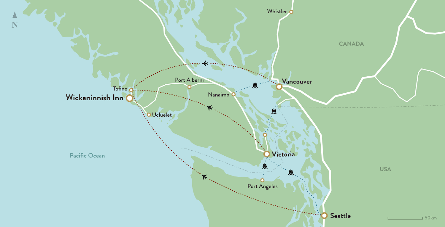 Map showing flight and ferry routes from Seattle, Port Angeles, and Vancouver, to Nanaimo, Victoria, and Tofino with an end destination of Wickaninnish Inn